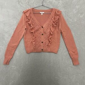 Lauren Conrad Ruffle Cardigan Sweater Women Small Pointelle Coral Girly Feminine